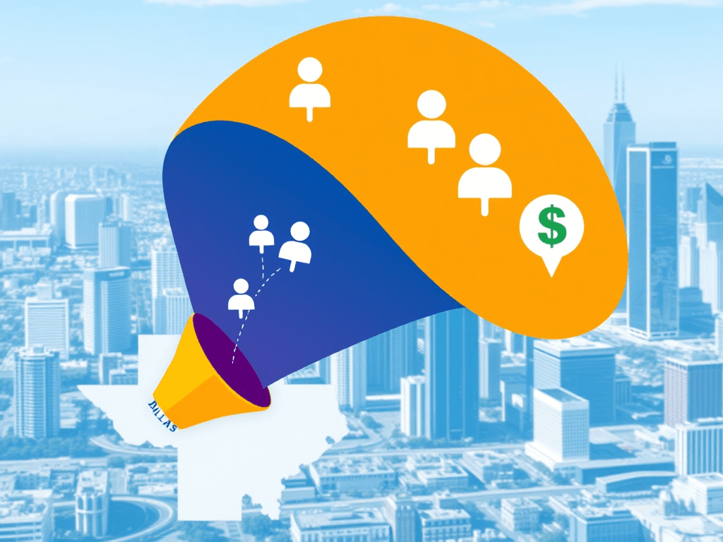 digital pipeline funneling leads onto a Dallas map, illustrating the process of attracting and converting local leads through SEO