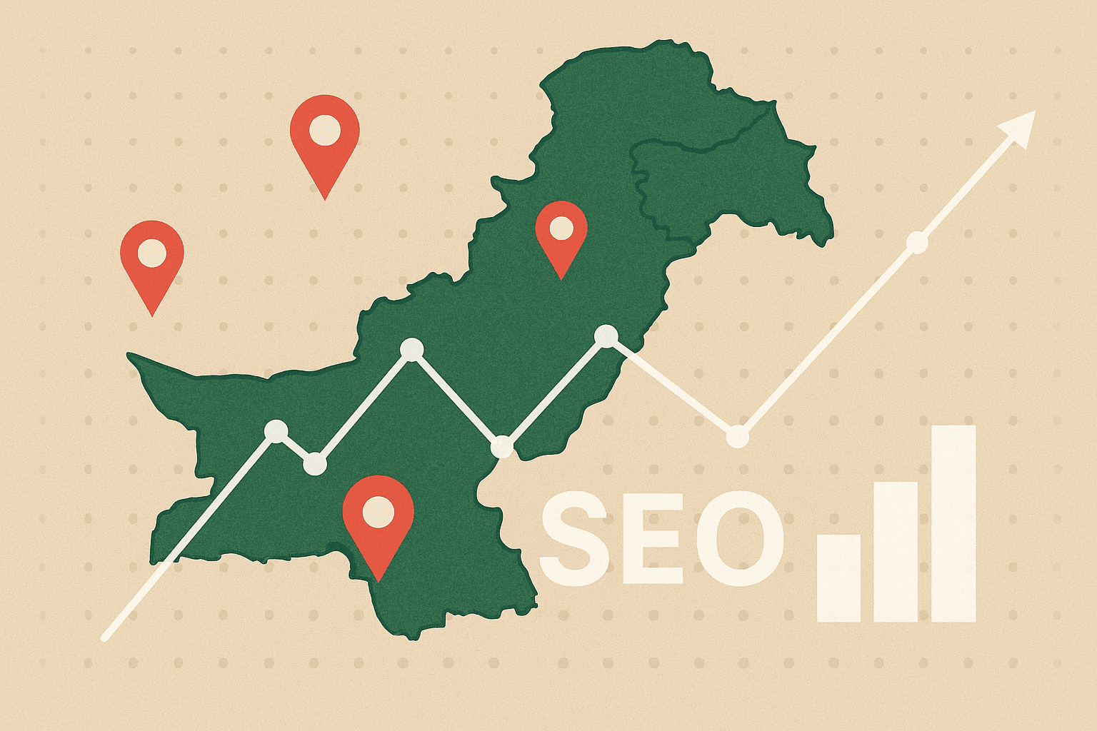 map of Pakistan with SEO graphs, illustrating the country's digital growth