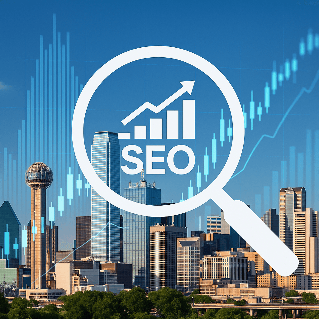 Dallas skyline with a magnifying glass and graphs, symbolizing the selection process