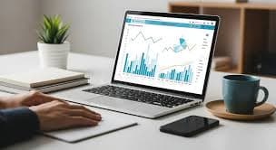 depicts a flatlay of a laptop with a content marketing dashboard, a strategy notebook, and coffee, representing the planning and analysis process